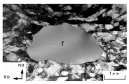 photo : A recrystallized grain (denoted as "r")in Fe-15%Cr ferritic stainless steel (transmission electron micrograph).